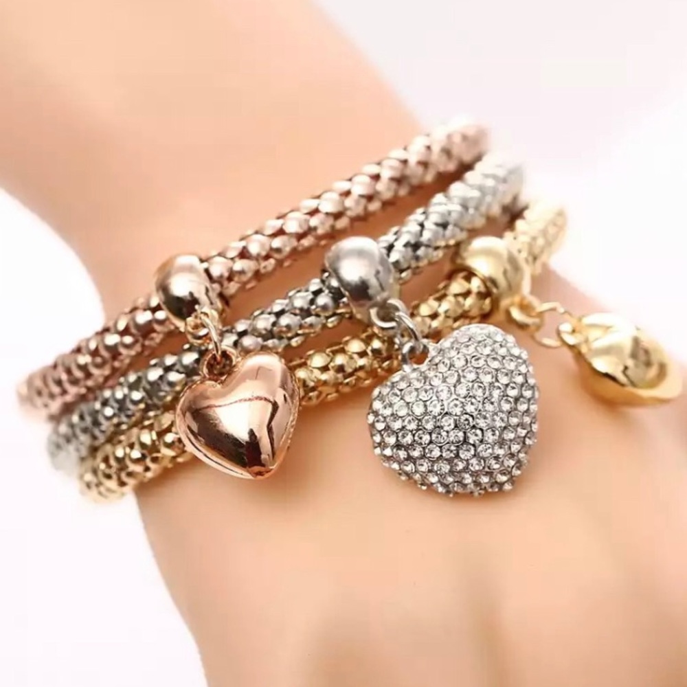 Woven Chain Heart Charm Bracelet Set